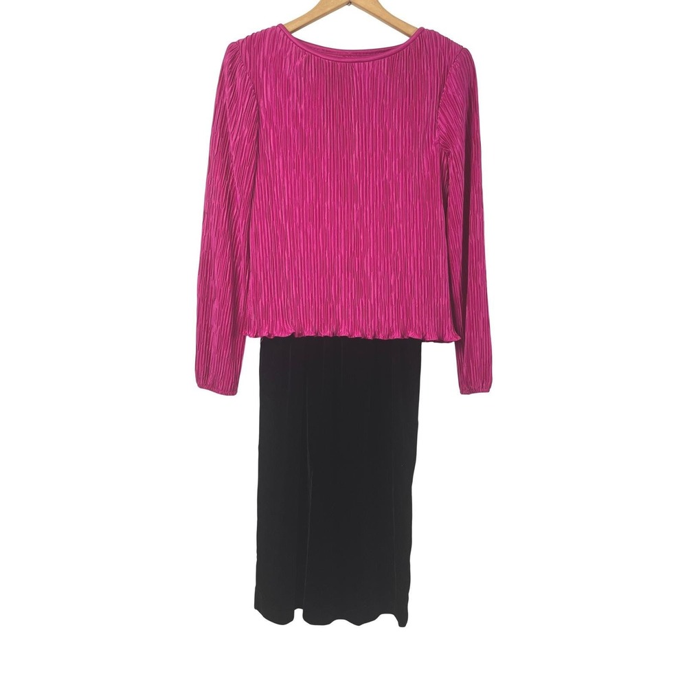 Vintage 90s Style Fuchsia Hot Pink Plisse Black Velvet Dress Size 8 Retro Glam
